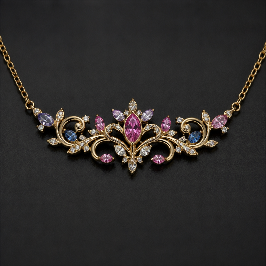 "centered necklace name "kristina" with gemstones and some diamonds in gold setting unique design
photorealistic jewelry design, "centered necklace name "kristina" with gemstones and some diamonds in gold setting unique design, just the design no text