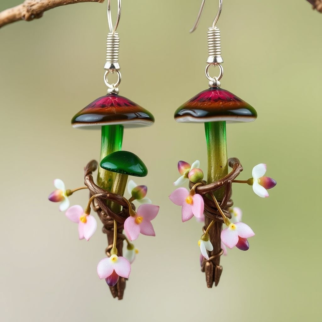 Glass mushroom and flower earrings 