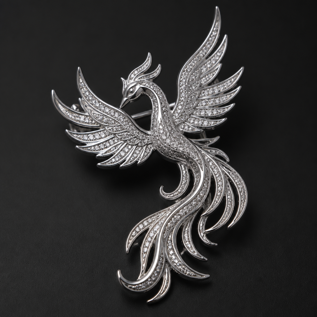 A modern men's brooch made of silver with diamond stones suitable for wedding. Fire phoenix π¦βπ₯
photorealistic jewelry design, A modern men's brooch made of silver with diamond stones suitable for wedding. Fire phoenix π¦βπ₯, modern style, just the design no text