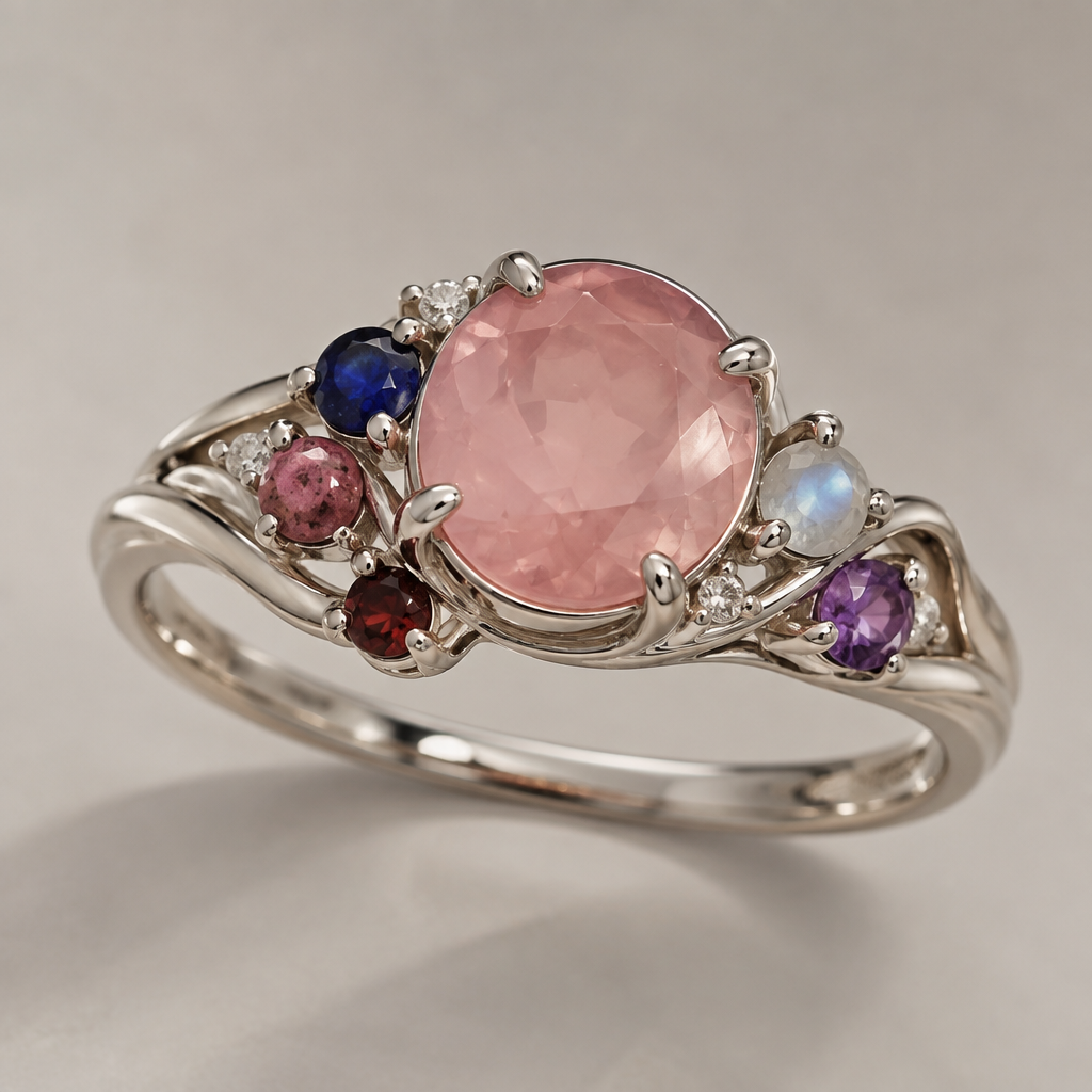 A modern women's ring made of white gold suitable for wedding. colorful wedding ring with love gems like rose quartz, rhodonite, lapis lazuli, garnet, moonstone, and amethyst. with rose quartz being the main stone and the others much smaller
photorealistic jewelry design, A modern women's ring made of white gold suitable for wedding. colorful wedding ring with love gems like rose quartz, rhodonite, lapis lazuli, garnet, moonstone, and amethyst. with rose quartz being the main stone and the others much smaller, modern style, just the design no text