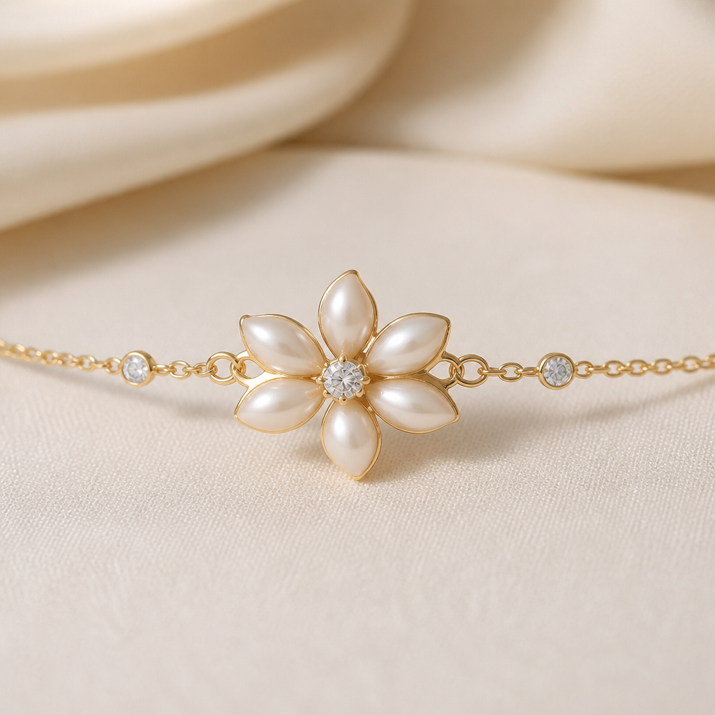 Can you create a gold and pearl based jasmine sambac flower (one flower only) bracelet with a diamond in the middle and the bracelet is connected by a delicate chain with 2 tiny diamonds diamonds on the chain on each side of the bracelet