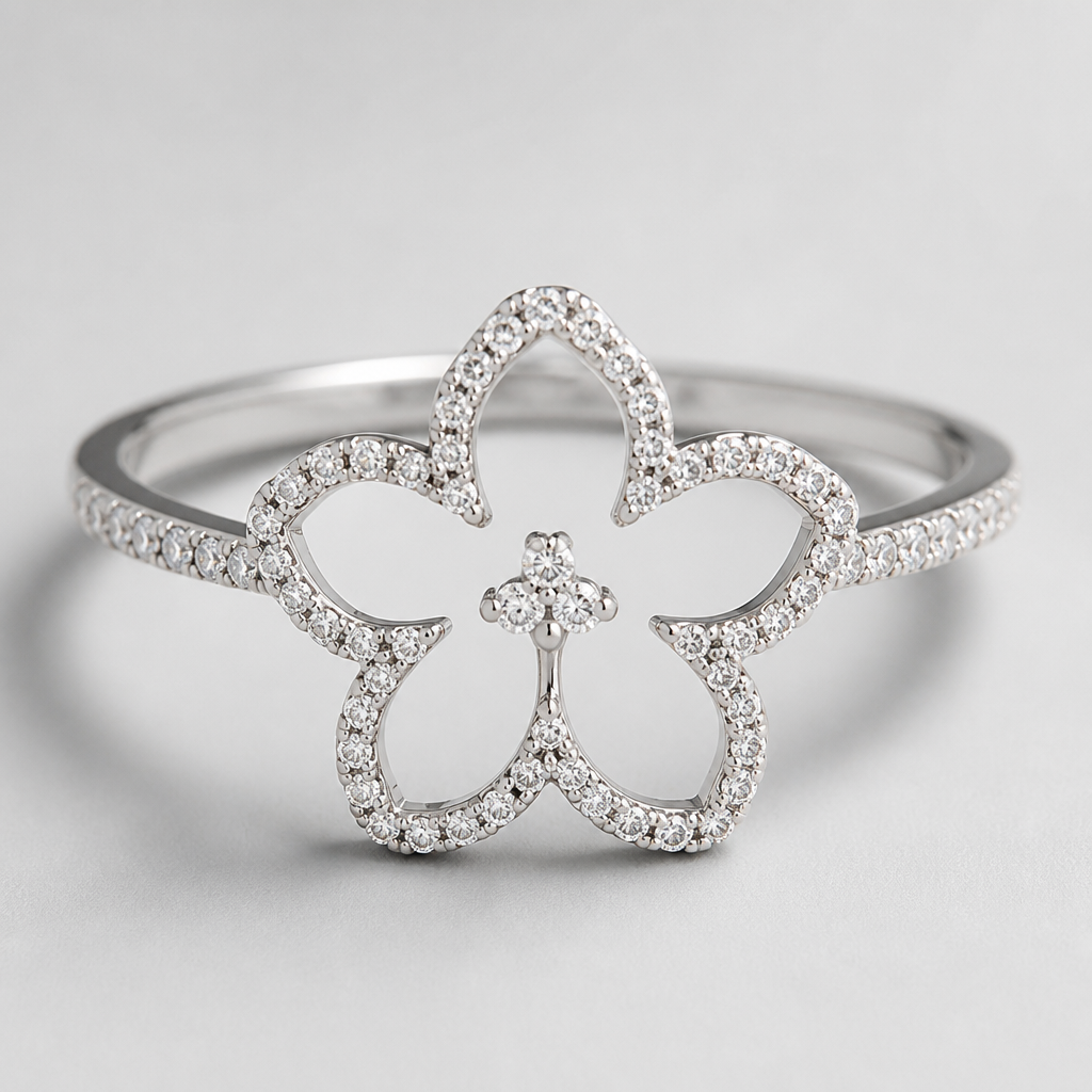 A women's ring made of silver with diamond stones. hibicus ligne fine, (diamand poutours des petales vide, toutes les petales) et delicat ,3 tres petit diamand dans le milieu au bout de la tige interieur de la fleur vide, plus detail, 5 petales chaine de chaque coté, tige qui ne depasse la fleur, minimaliste mince féminin, avec anneau pas de chaine, un peu diamant sur lanneau, utilisé la meme forme de fleur que limage de réféeence
photorealistic jewelry design, A women's ring made of silver with diamond stones. hibicus ligne fine, (diamand poutours des petales vide, toutes les petales) et delicat ,3 tres petit diamand dans le milieu au bout de la tige interieur de la fleur vide, plus detail, 5 petales chaine de chaque coté, tige qui ne depasse la fleur, minimaliste mince féminin, avec anneau pas de chaine, un peu diamant sur lanneau, utilisé la meme forme de fleur que limage de réféeence, modern style, just the design no text