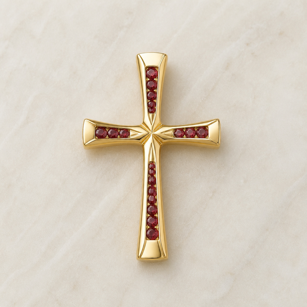 Dainty and feminine Gold cross with rubies, majority gold . Hidden bail
photorealistic jewelry design, Dainty and feminine Gold cross with rubies, majority gold . Hidden bail, contemporary style, just the design no text