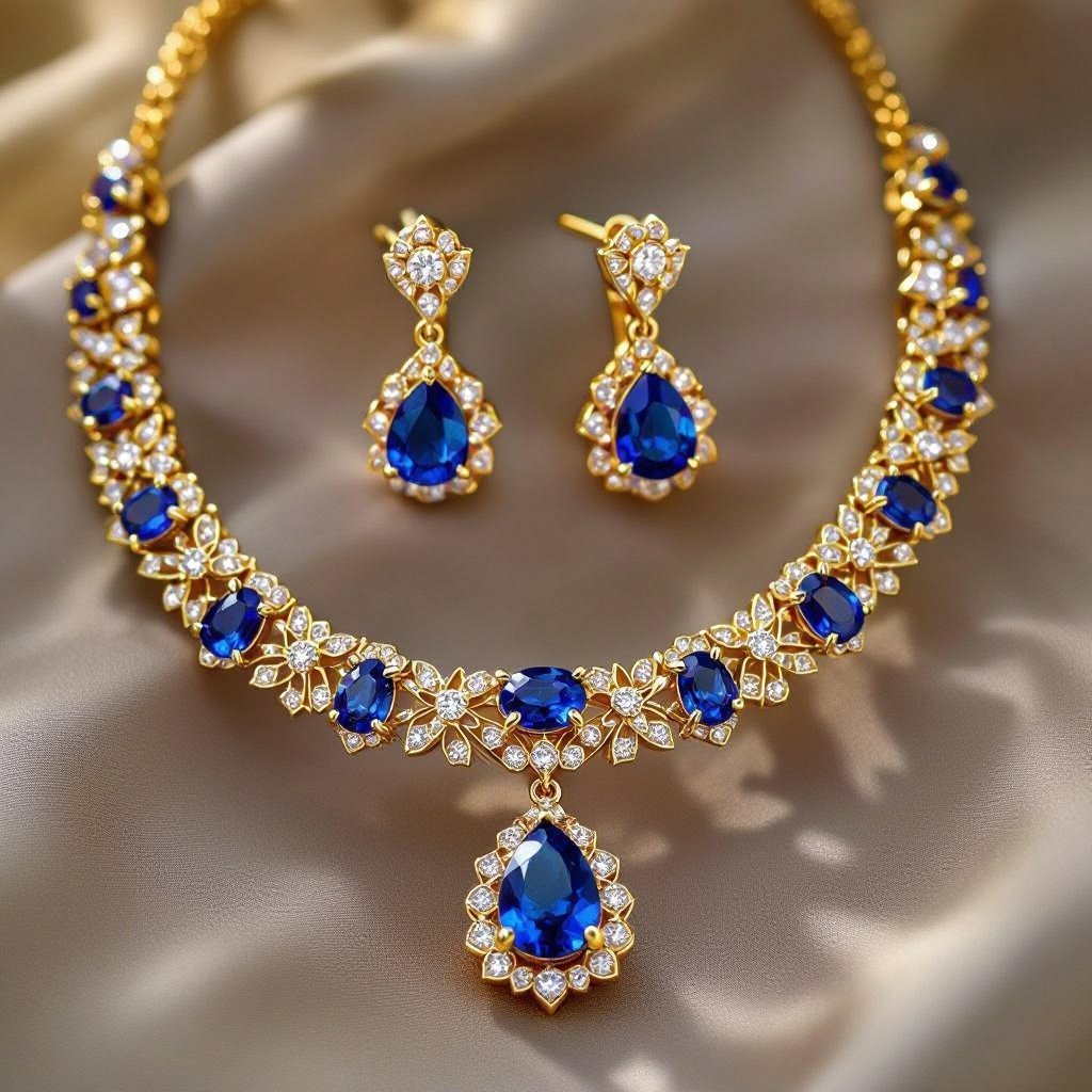 Necklace and ring and earring with colorful sapphire with gold