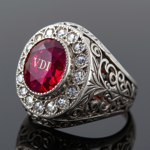 Red stone, silver, college class ring for women, VDI inscribed on the decor and under the stone