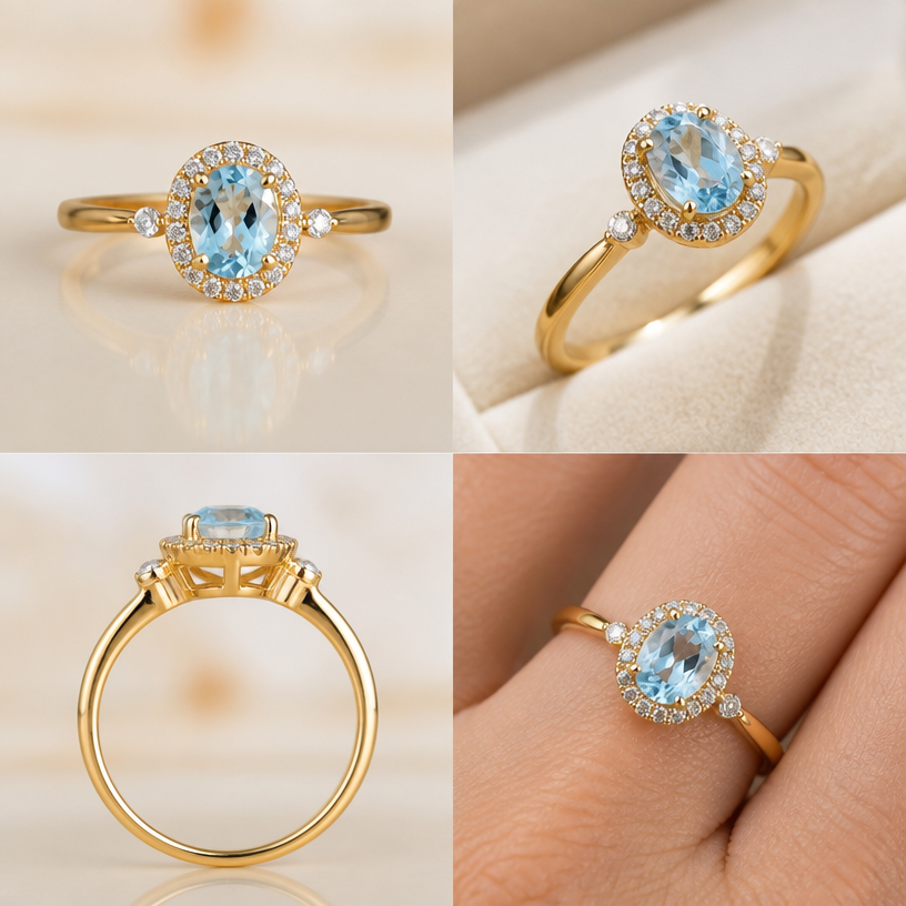 A modern women's ring made of gold with aquamarine stones suitable for gift
using the attached image as a visual reference, create A modern women's ring made of gold with aquamarine stones suitable for gift. photorealistic, just the design no text