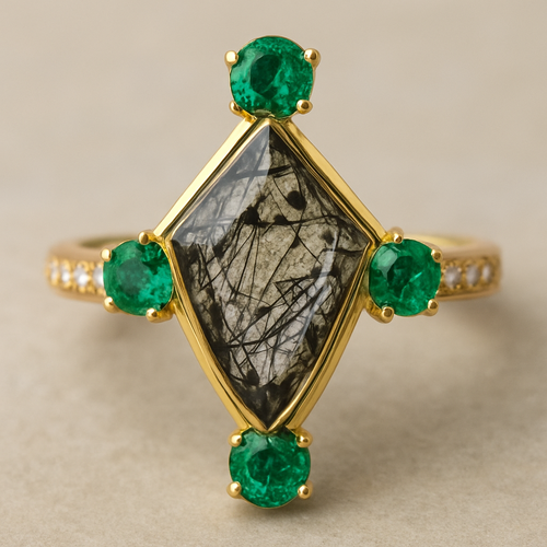 Kite cut tourmalated quartz, 4 emeralds top and bottom with another kite stone in the middle of emeralds, small stones on the sides 