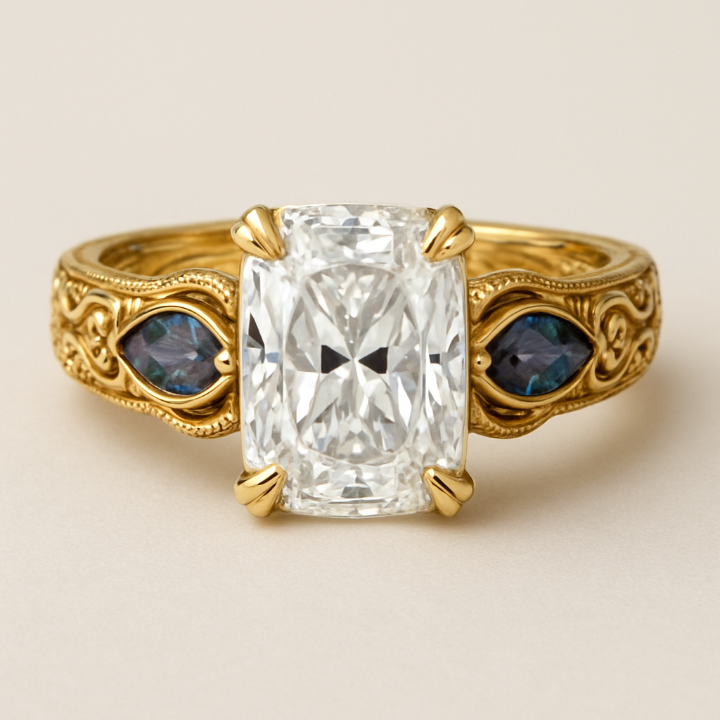 2 carat elongated cushion cut diamond engagement ring with double claw prongs in yellow gold ring with marquise shaped alexandrite side stones