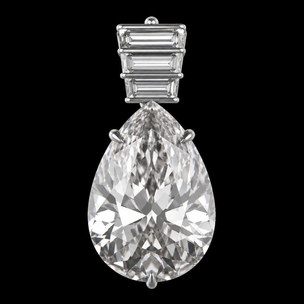 Large teardrop pendant slide w no halo and long baguettes on top horizontal
photorealistic jewelry design, Large teardrop pendant slide w no halo and long baguettes on top horizontal , art_deco style, just the design no text