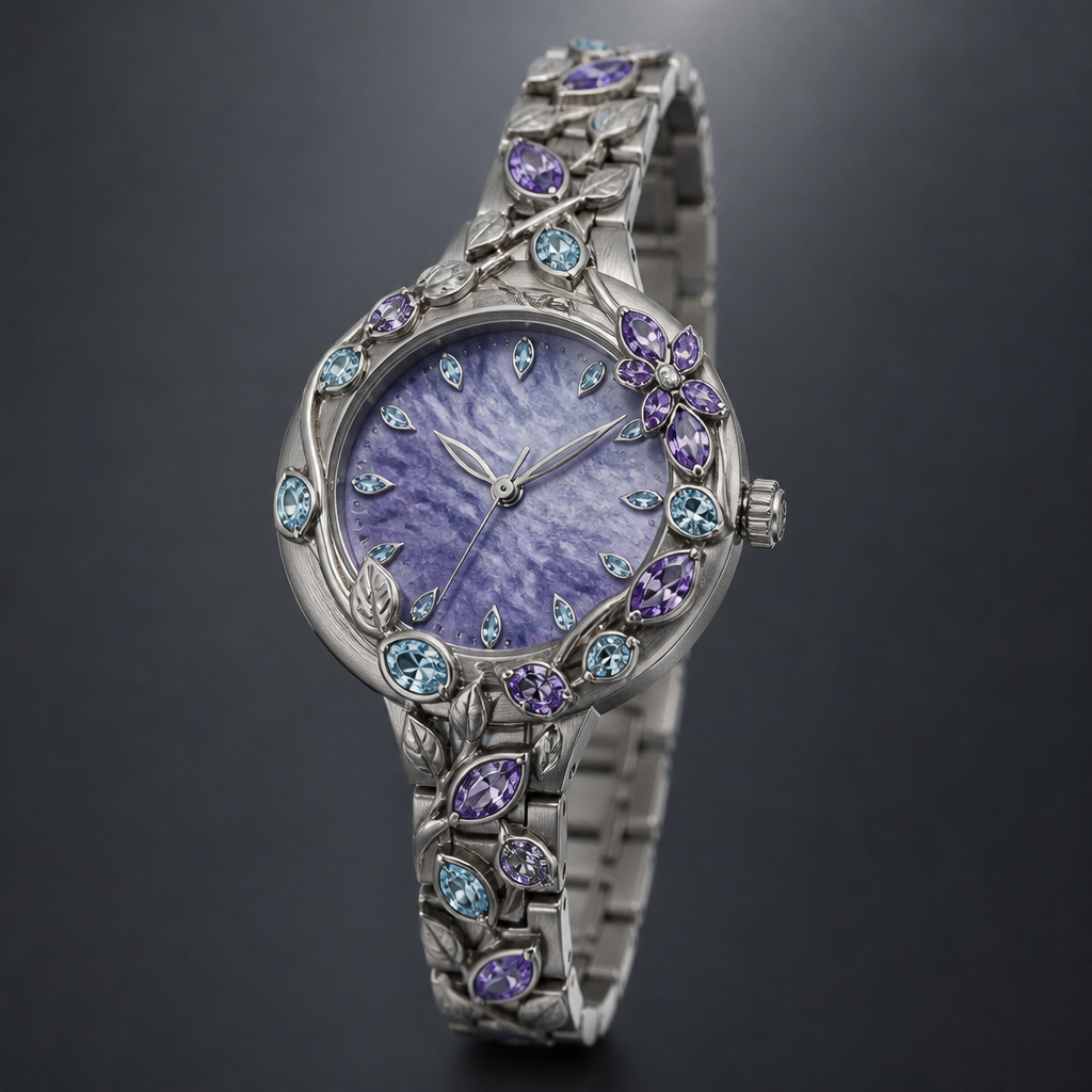 A nature women's watch made of titanium with amethyst and aquamarine and sapphire stones suitable for daily wear
photorealistic jewelry design, A nature women's watch made of titanium with amethyst and aquamarine and sapphire stones suitable for daily wear, nature_inspired style, just the design no text