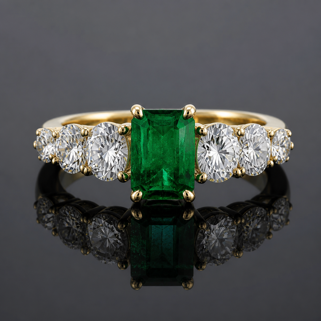 Mi generi un anello con uno smeraldo centrale da circa 2 ct, a destra 3 diamanti bianchi da 1 ct cadauno stessa cosa a sinistra
photorealistic jewelry design, Mi generi un anello con uno smeraldo centrale da circa 2 ct, a destra 3 diamanti bianchi da 1 ct cadauno stessa cosa a sinistra , gold style, just the design no text