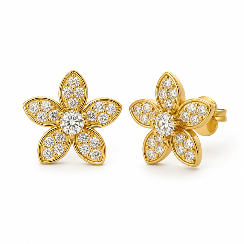 A women's earrings made of gold with diamond stones. a dedicate flower with diamond stone
using the attached image as a visual reference, create A women's earrings made of gold with diamond stones. a dedicate flower with diamond stone. photorealistic, just the design no text