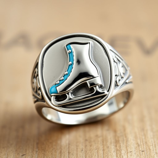 Silver pendant in the shape of ice skating blades with a turquoise stripe within the blade
