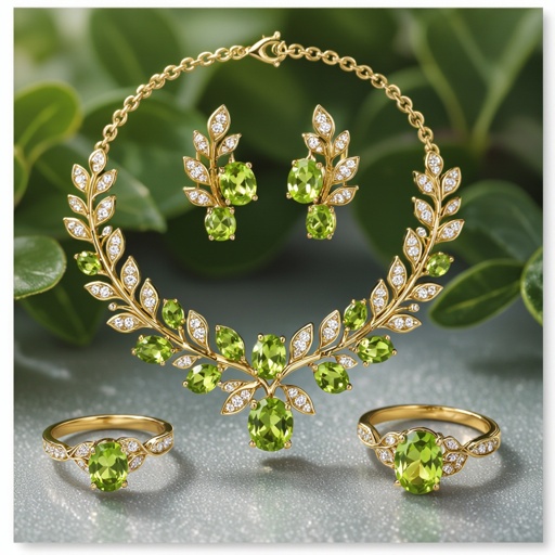 Necklace and earring and rings within peridot and diamond with gold