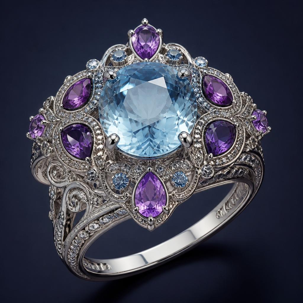 A royal women's ring made of white gold with aquamarine and amethyst stones suitable for formal, highly ornate, intricate and elaborate, richly detailed
photorealistic jewelry design, A royal women's ring made of white gold with aquamarine and amethyst stones suitable for formal, highly ornate, intricate and elaborate, richly detailed, royal style, just the design no text