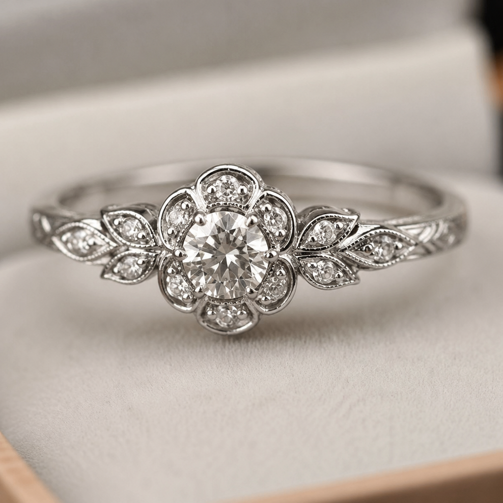 A vintage women's ring made of silver with diamond stones suitable for engagement. a silver ring with floral diamond gems..thin elegant
photorealistic jewelry design, A vintage women's ring made of silver with diamond stones suitable for engagement. a silver ring with floral diamond gems..thin elegant, vintage style, just the design no text