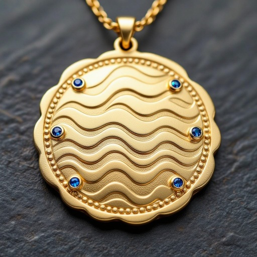 Золотой матовый медальон в форме неровного круга с неровными краями. По краям выпуклые точки сплошной линией. На круге разные волнистые узоры словно волны. Три миниатюрных голубых камушка хаотично расположены в круге