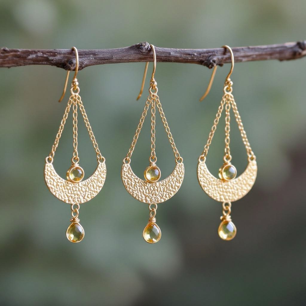 Золотые серьги словно мятое золото в форме узкого изящного полумесяца. Верхушка полумесяца крепится к застежке серьги.  От полумесяца идет три цепочки, у каждой на конце мелкий камушек цитрин