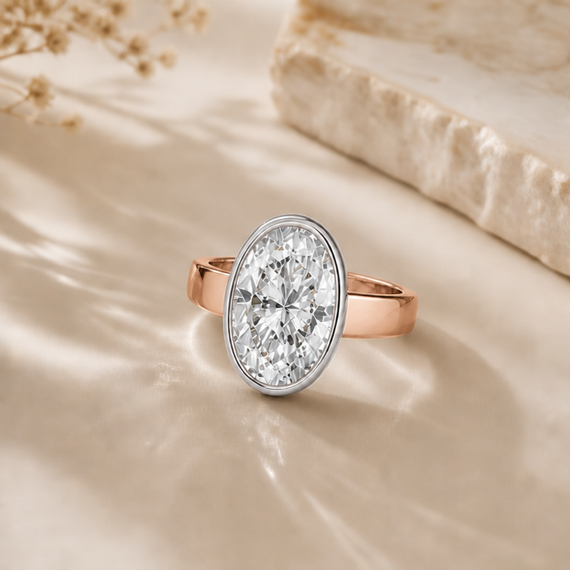 rose gold band, platinum bastket and bezel
edit the attached jewelry design with these instructions: rose gold band, platinum bastket and bezel. keep it photorealistic, just the design no text