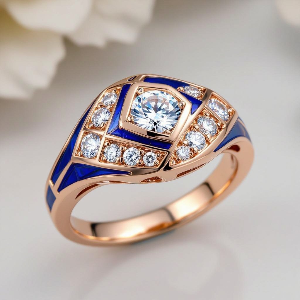 Pendant of different colors Geomatric edge of diamonds shaded of fish element in water background and vibes Rose gold ring, geometric diamonds, bezel set. Fish motif, blue enamel. Rose gold ring, geometric diamonds, bezel set. Fish motif, blue enamel.