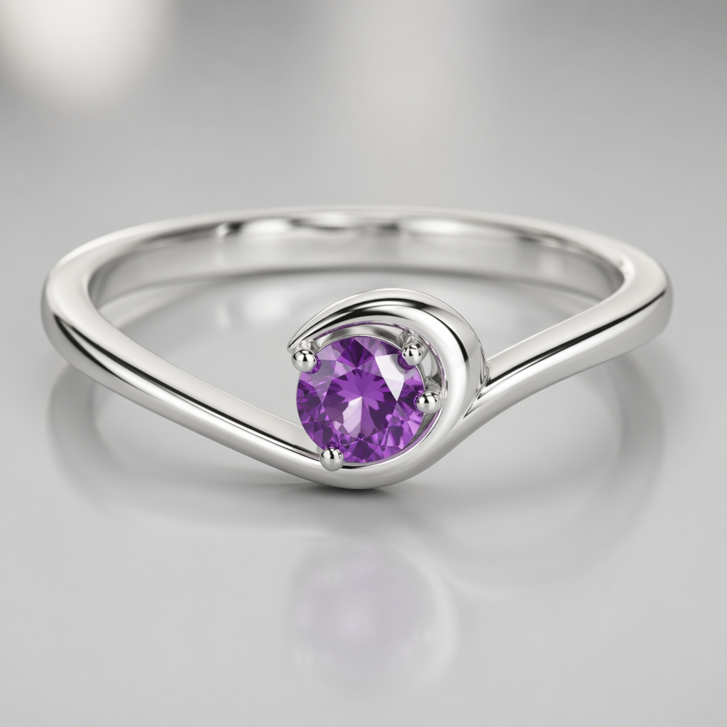 A minimalist women's ring made of white gold with amethyst stones suitable for engagement
photorealistic jewelry design, A minimalist women's ring made of white gold with amethyst stones suitable for engagement, minimalist style, just the design no text