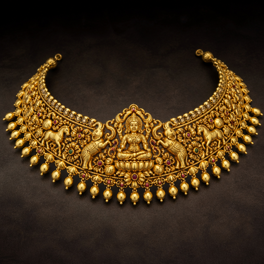 A classic women's necklace made of gold suitable for wedding. choker with lakshmi in the centre sitting on a lotus with elephants and horses on both sides and mango beads
photorealistic jewelry design, A classic women's necklace made of gold suitable for wedding. choker with lakshmi in the centre sitting on a lotus with elephants and horses on both sides and mango beads, classic style, just the design no text