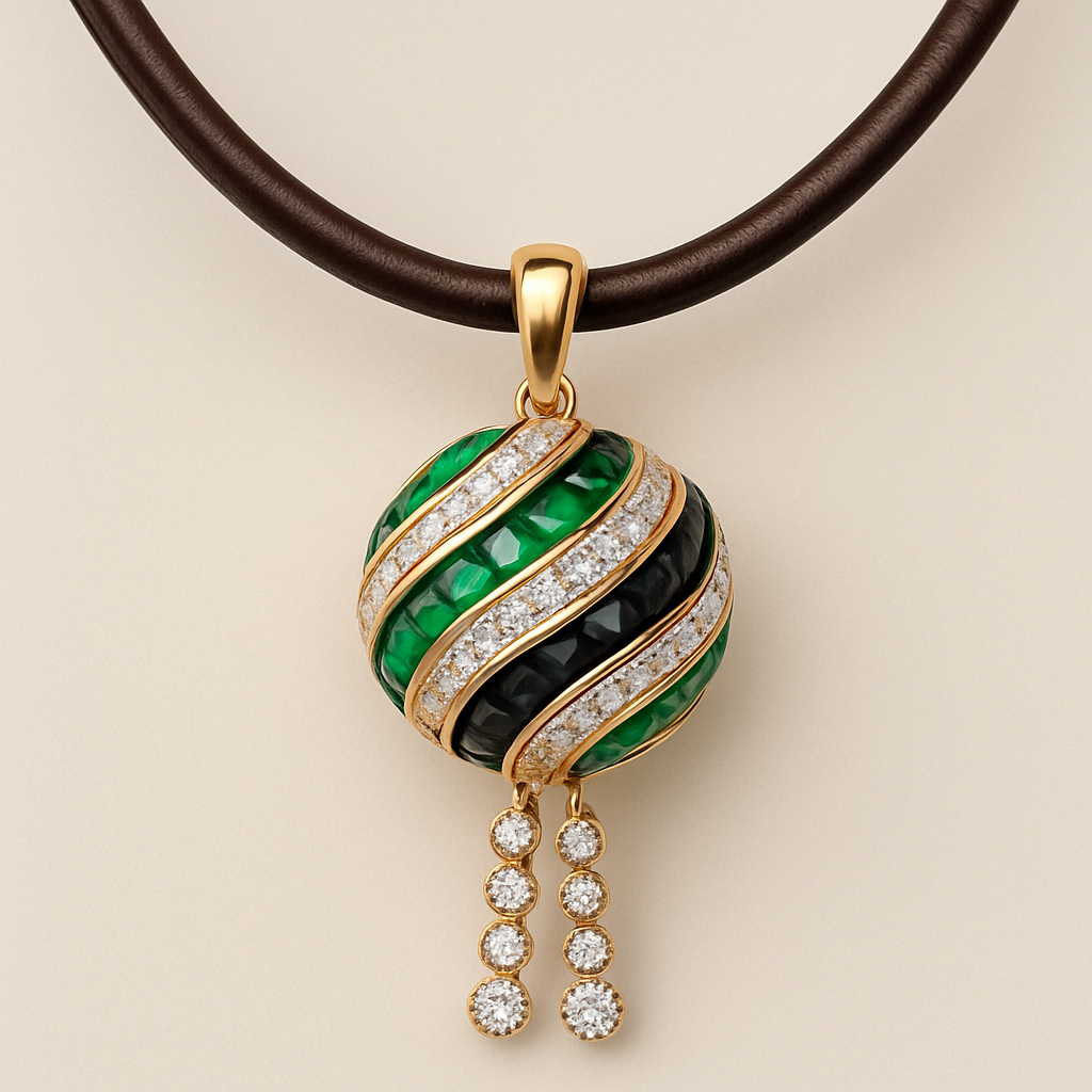 a 3d necklace on leather strap with diamond tassels in the end of the leather strap ball that has a swirl of slices  emerald black and diamonds  n pure ot yellow gold white gold 