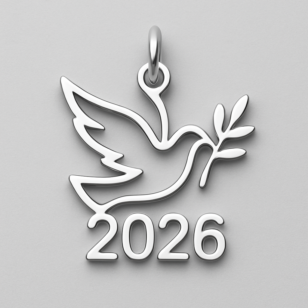 Slim Silver cut-out charm blending together only the two spread out wings of a bird, an olive branch and  along year 2026