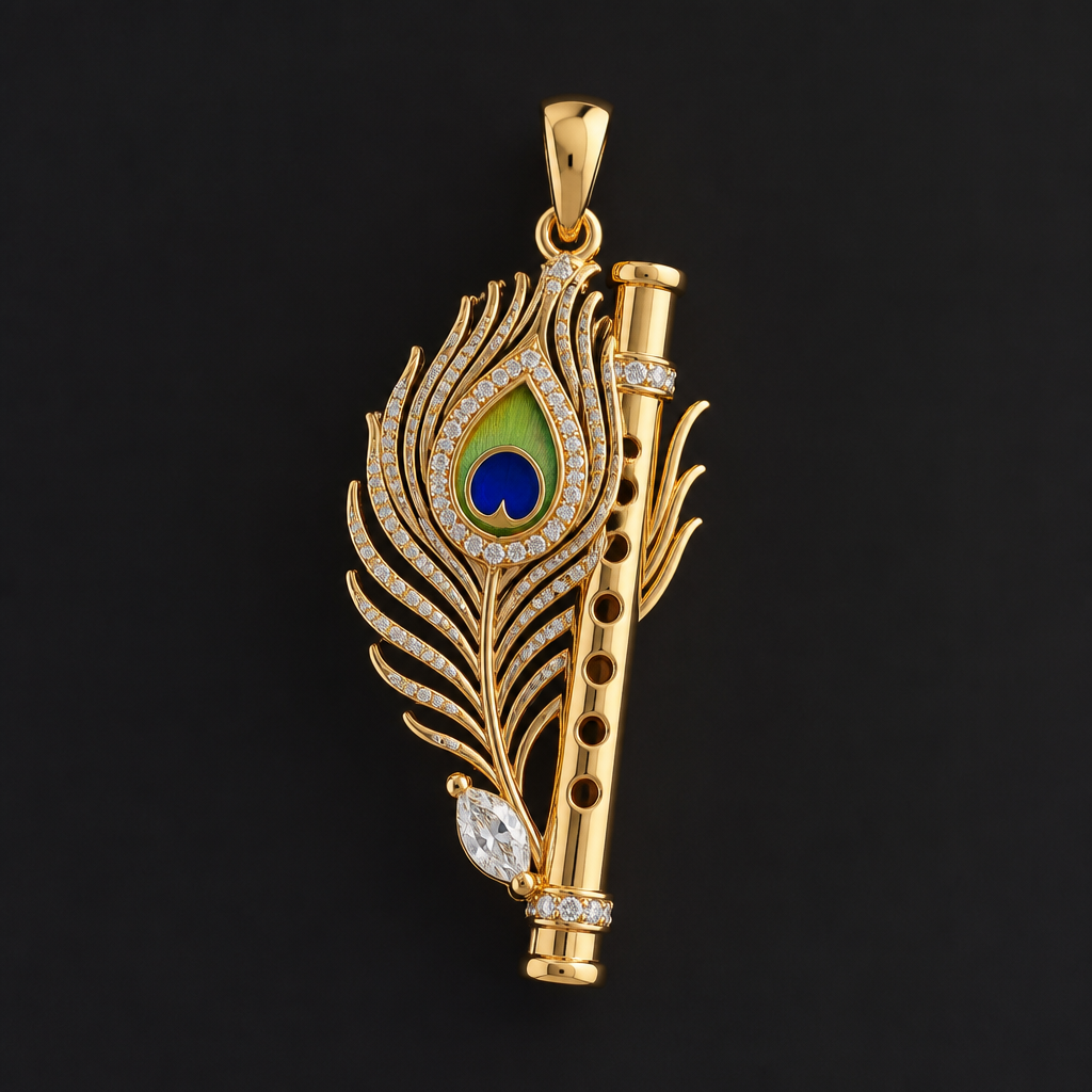Peacock feather + flute small pendant - gold n diamond
photorealistic jewelry design, Peacock feather + flute small pendant - gold n diamond , pendant style, just the design no text