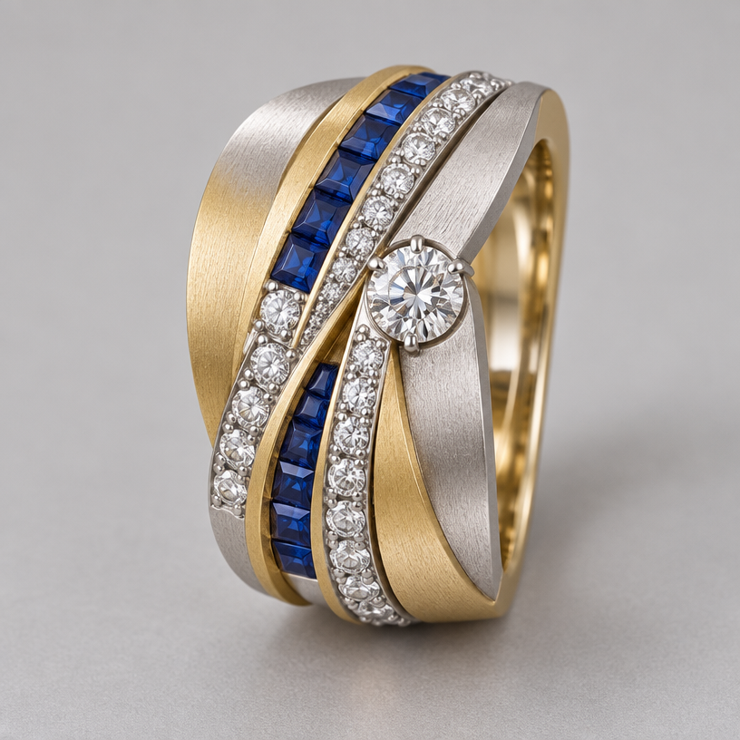 A contemporary women's ring made of mixed metal with diamond and sapphire stones. using the reference photo, design a ring with 33 .10 carat diamonds, 7 .10 carat square blue sapphires, and one .50 carat round diamond, using white and yellow gold in a matte finish. band should be wide.
using the attached image as a visual reference, create A contemporary women's ring made of mixed metal with diamond and sapphire stones. using the reference photo, design a ring with 33 .10 carat diamonds, 7 .10 carat square blue sapphires, and one .50 carat round diamond, using white and yellow gold in a matte finish. band should be wide.. photorealistic, just the design no text