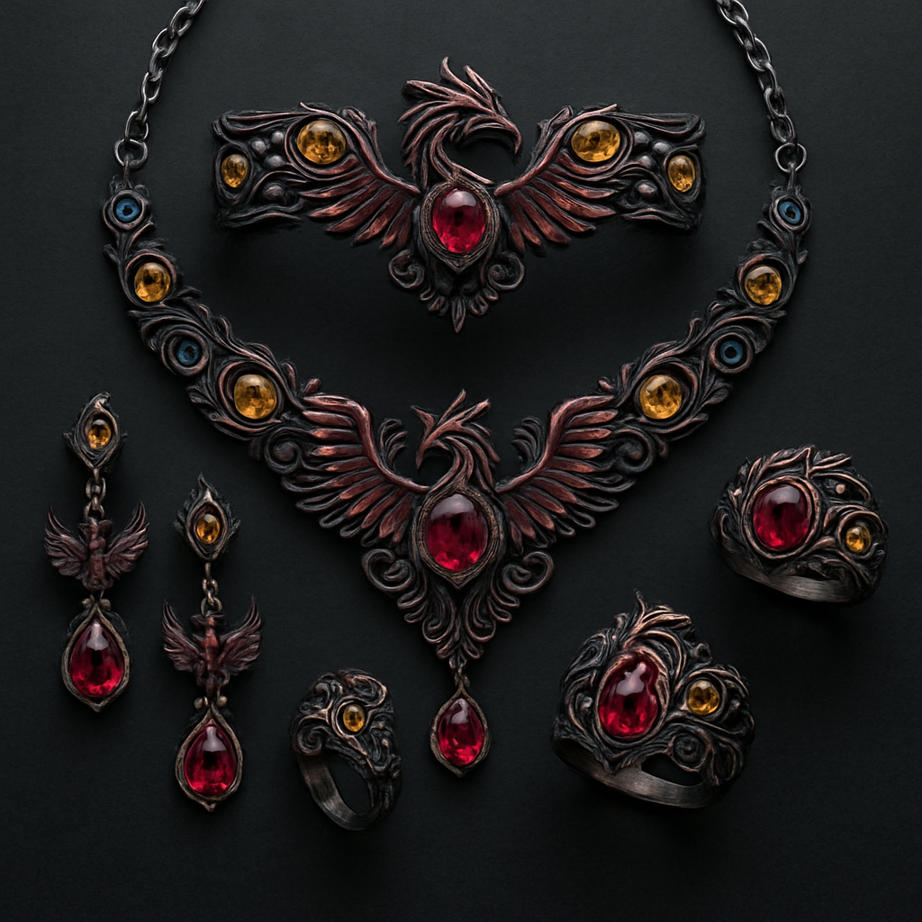 A full Ruby jewelry set including bracelet, earrings and rings with at least 10 citrine and topaz inlays with phoenix themes and an omega necklace