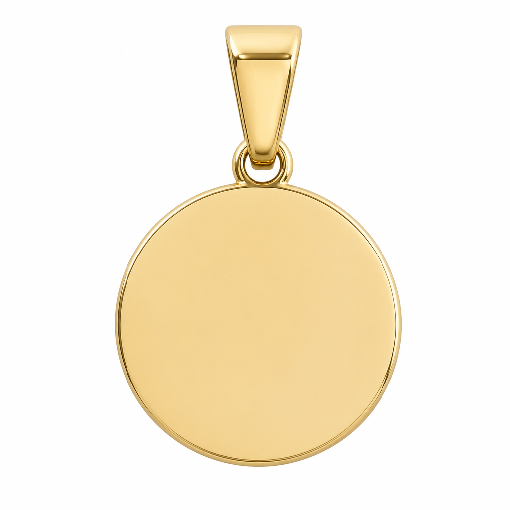 10 mm round 14 karat yellow gold disc pendant with a tapered bale engrave in block font “baptism love grandma and grandpa Duncan”
photorealistic jewelry design, 10 mm round 14 karat yellow gold disc pendant with a tapered bale engrave in block font “baptism love grandma and grandpa Duncan”, just the design no text