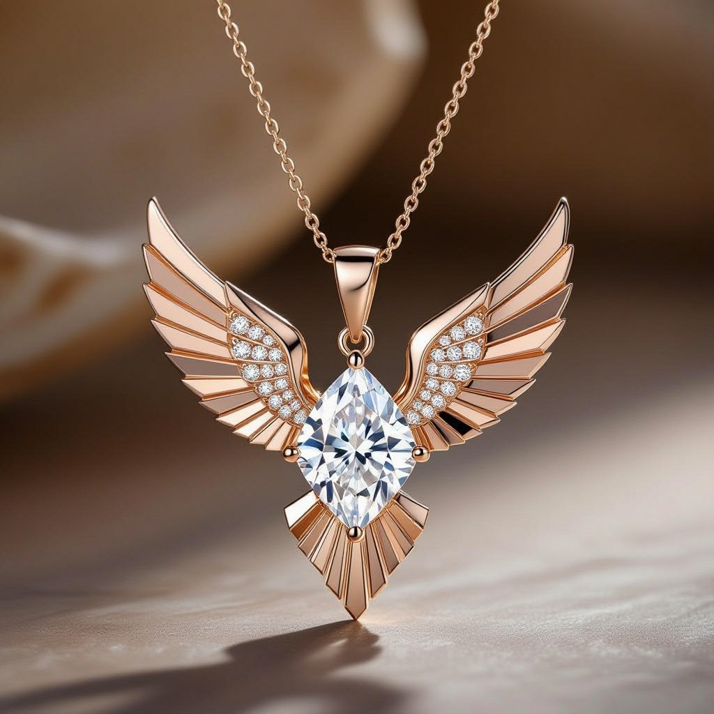 Geomatric modern architecture eagle edges rose gold diamond Design a contemporary pendant featuring a single, large diamond shaped like a wing, symbolizing freedom and elegance. The diamond is elegantly set in a sleek, minimalist rose gold frame that accentuates its brilliance. The modern aesthetic is enhanced with clean lines and asymmetry, making it a striking statement piece for the avant-garde wearer.