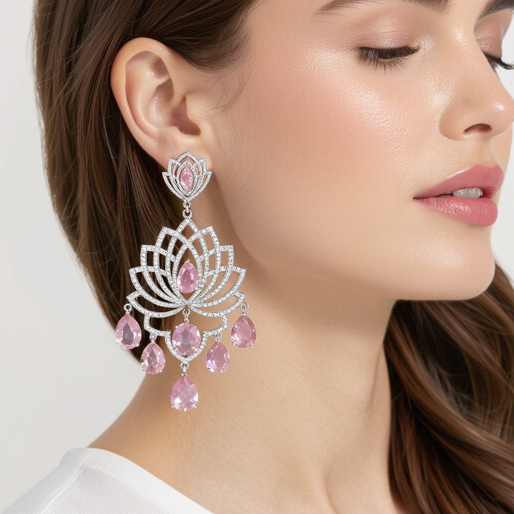 Светлое матовое золото. Серьги с лотосом на длинных цепочках. По центру лотоса камень необрабаботанного розового кварца, от лотоса идет цепочка с еще одним камнем кварца на конце. Серьги тонкие и легкие