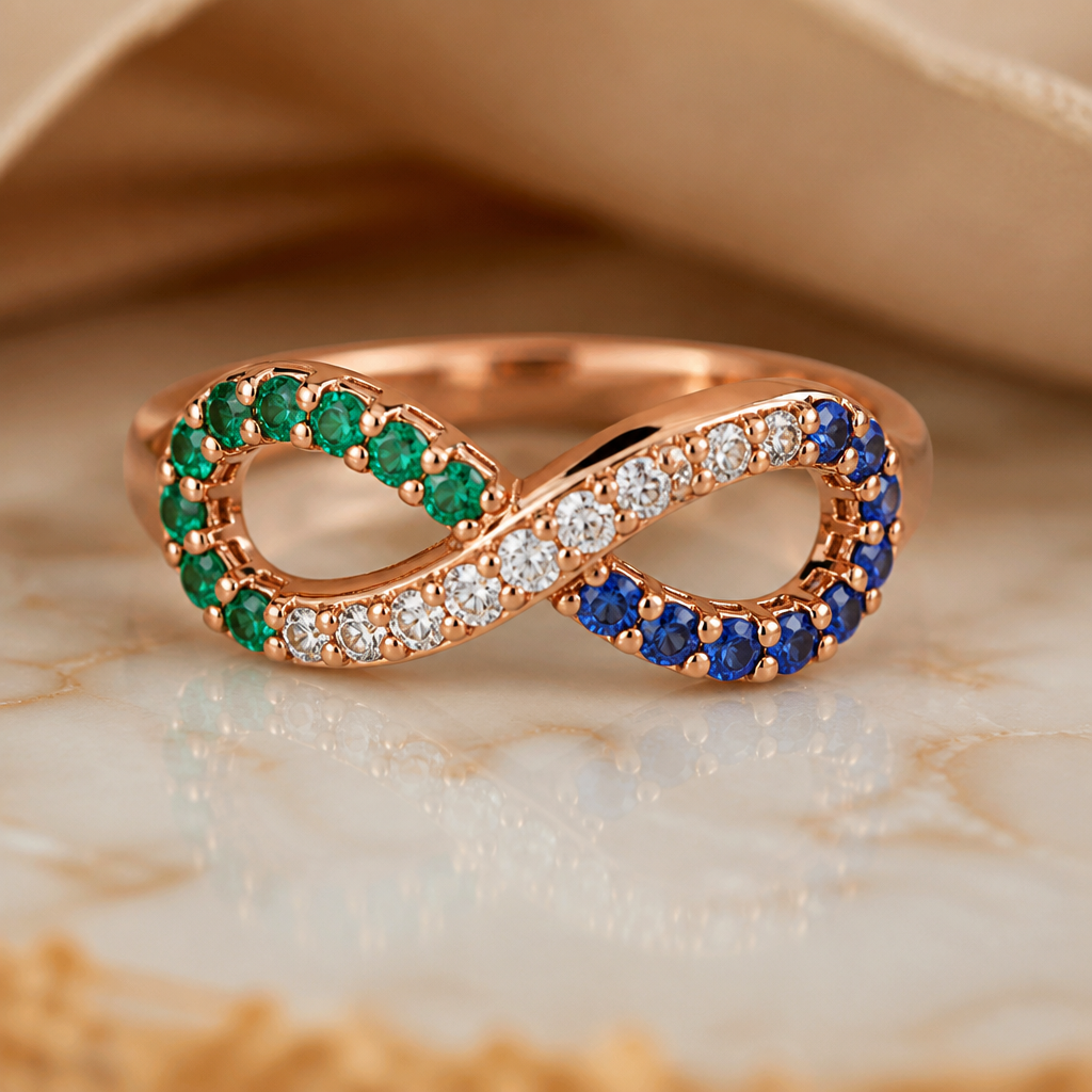 A infinity women's ring made of rose gold with emerald and diamond and sapphire stones suitable for engagement. A beautiful rose gold ring for an engagement party Ina very style that has not been done before
photorealistic jewelry design, A infinity women's ring made of rose gold with emerald and diamond and sapphire stones suitable for engagement. A beautiful rose gold ring for an engagement party Ina very style that has not been done before, infinity style, just the design no text