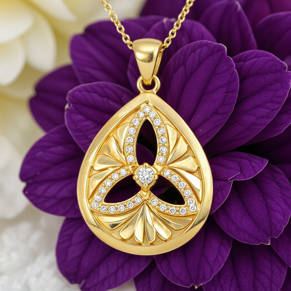 Подвеска из матового золота с узорами и мелкими камнями Vesica piscis