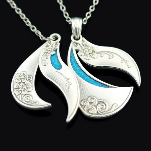Silver pendant in the shape of ice skating blades with a turquoise stripe within the blade