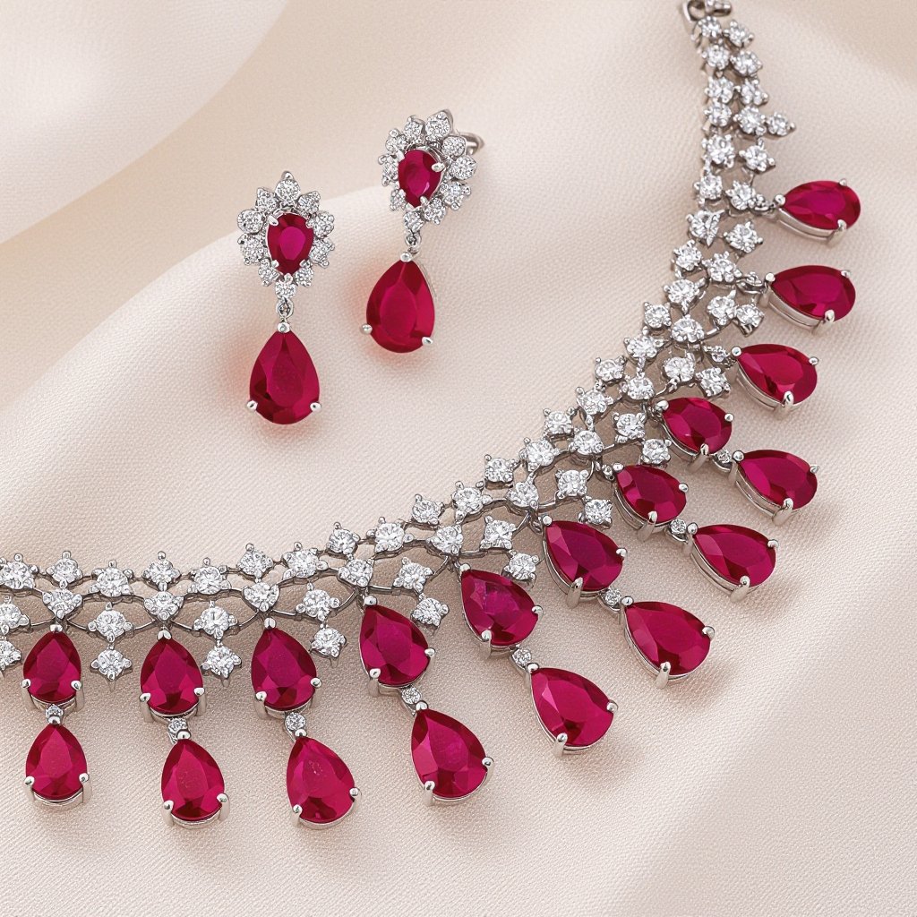 Ruby luxury necklace long pear drop style and luxury earring set Platinum necklace, ruby pear drops, diamond accents, prong setting. Matching platinum earrings, ruby pear drops, diamond accents, prong setting.