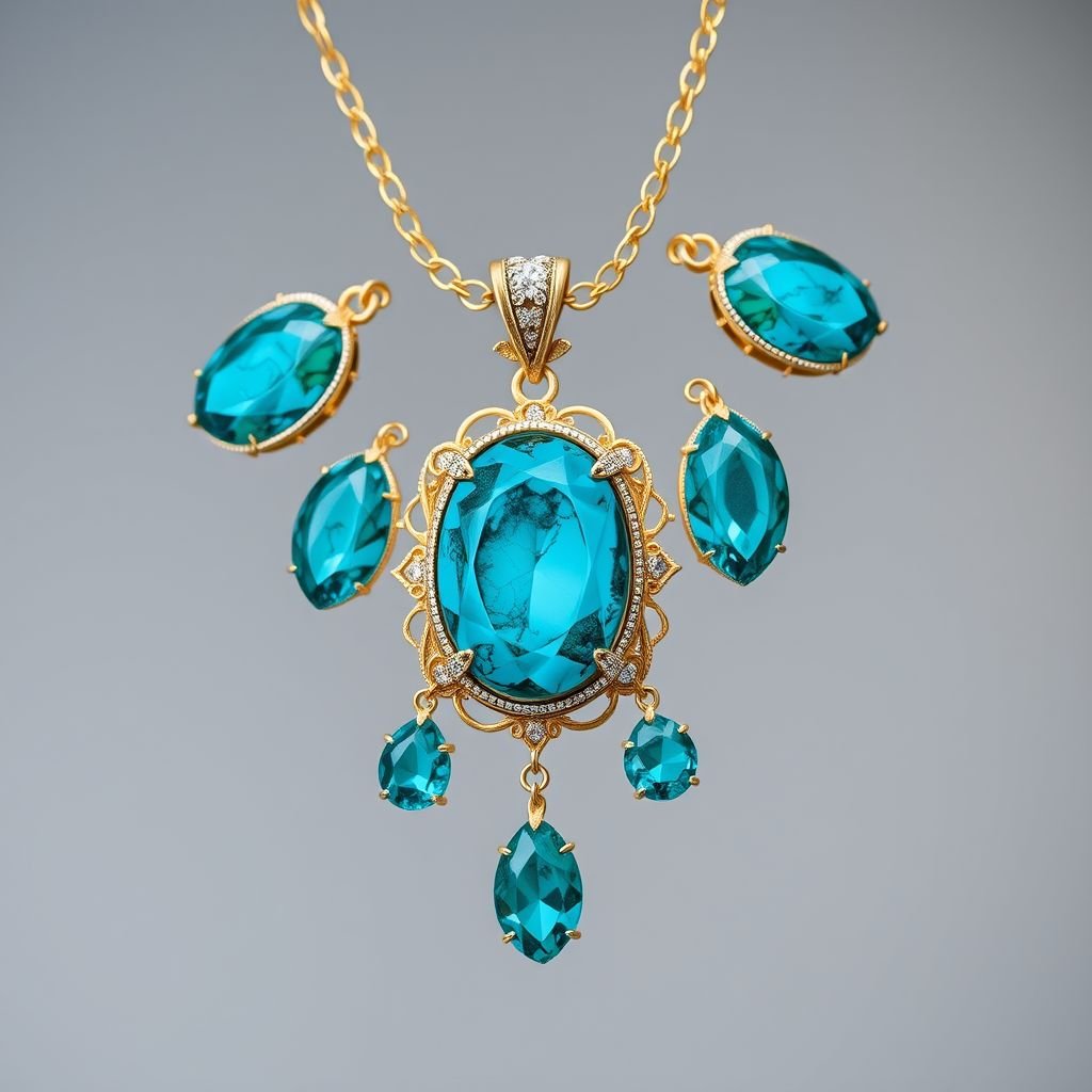 A 20 carat pendant necklace with VVS Nanette-cut turquoise gemstones and gold chain 