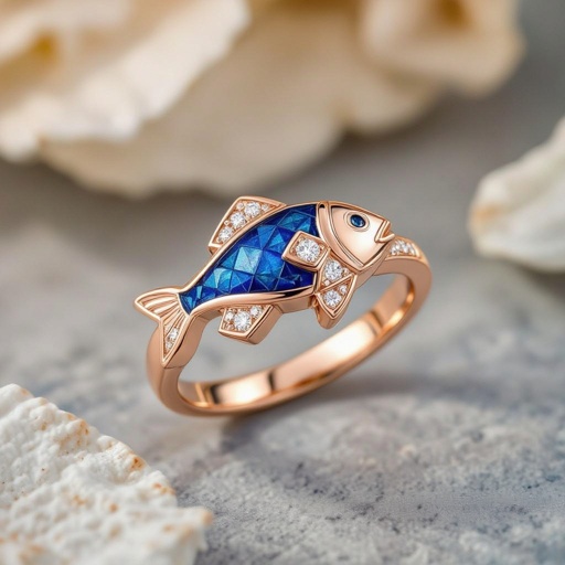 Pendant of different colors Geomatric edge of diamonds shaded of fish element in water background and vibes Rose gold ring, geometric diamonds, bezel set. Fish motif, blue enamel.