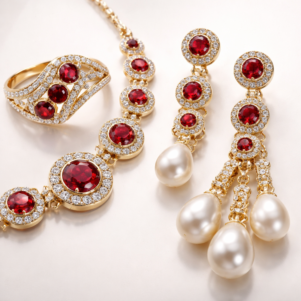 A women's ring. collar de oro con diamantes rojo en círculos del lado izquierdo y aretes de perlas de oro y diamantes rojos en escalas
A women's ring. collar de oro con diamantes rojo en círculos del lado izquierdo y aretes de perlas de oro y diamantes rojos en escalas, modern style