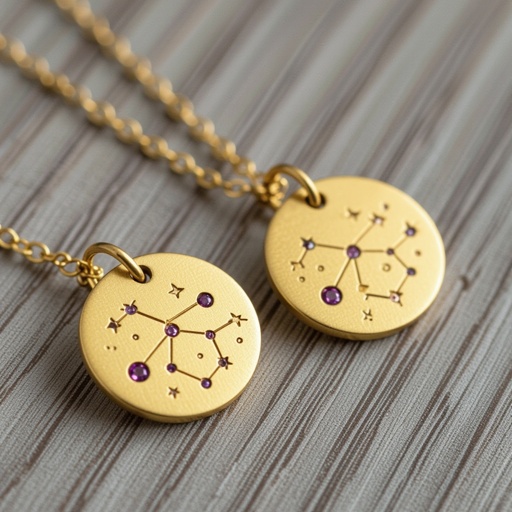 Серьги и кулон в одном стиле. Светлое матовое состаренное золото. На круге изобрежены созвездия. Очень маленькие сиреневые камушки. 