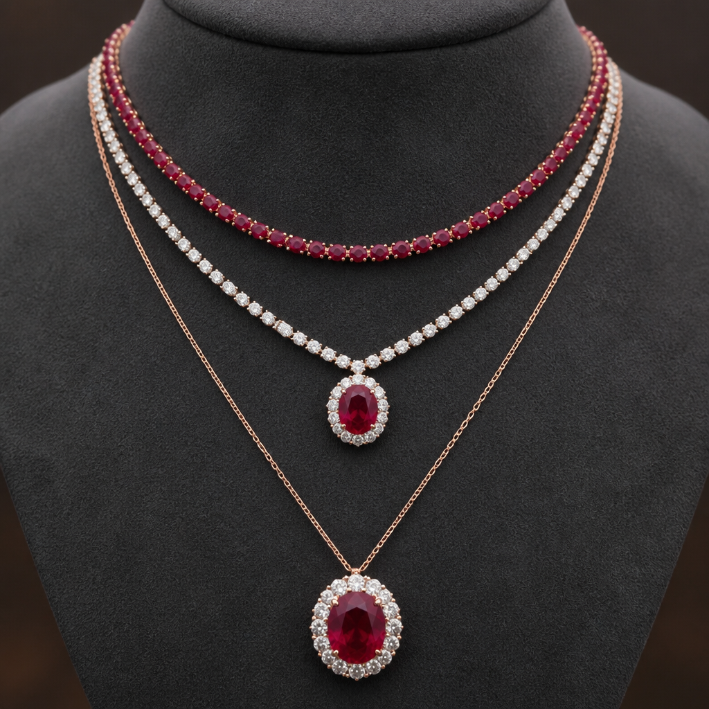 A vintage women's necklace made of white gold with ruby stones suitable for festival. a tripped layer necklace
the ruby chain: a braided style chain set with small round ruby gemstone all the way round
middle strand : the halo pendant: a delicate tennis- style line of small clear white stones that leads to an oval cut ruby pendant.the center ruby is haoled by a full circle of tiny white stones
bottom strand: a fine rose gold link chain with the largest focal point: an oval cut ruby pendant Identical in style to the middle one but bigger,also set in full white stones halo
photorealistic jewelry design, A vintage women's necklace made of white gold with ruby stones suitable for festival. a tripped layer necklace
the ruby chain: a braided style chain set with small round ruby gemstone all the way round
middle strand : the halo pendant: a delicate tennis- style line of small clear white stones that leads to an oval cut ruby pendant.the center ruby is haoled by a full circle of tiny white stones
bottom strand: a fine rose gold link chain with the largest focal point: an oval cut ruby pendant Identical in style to the middle one but bigger,also set in full white stones halo, vintage style, just the design no text