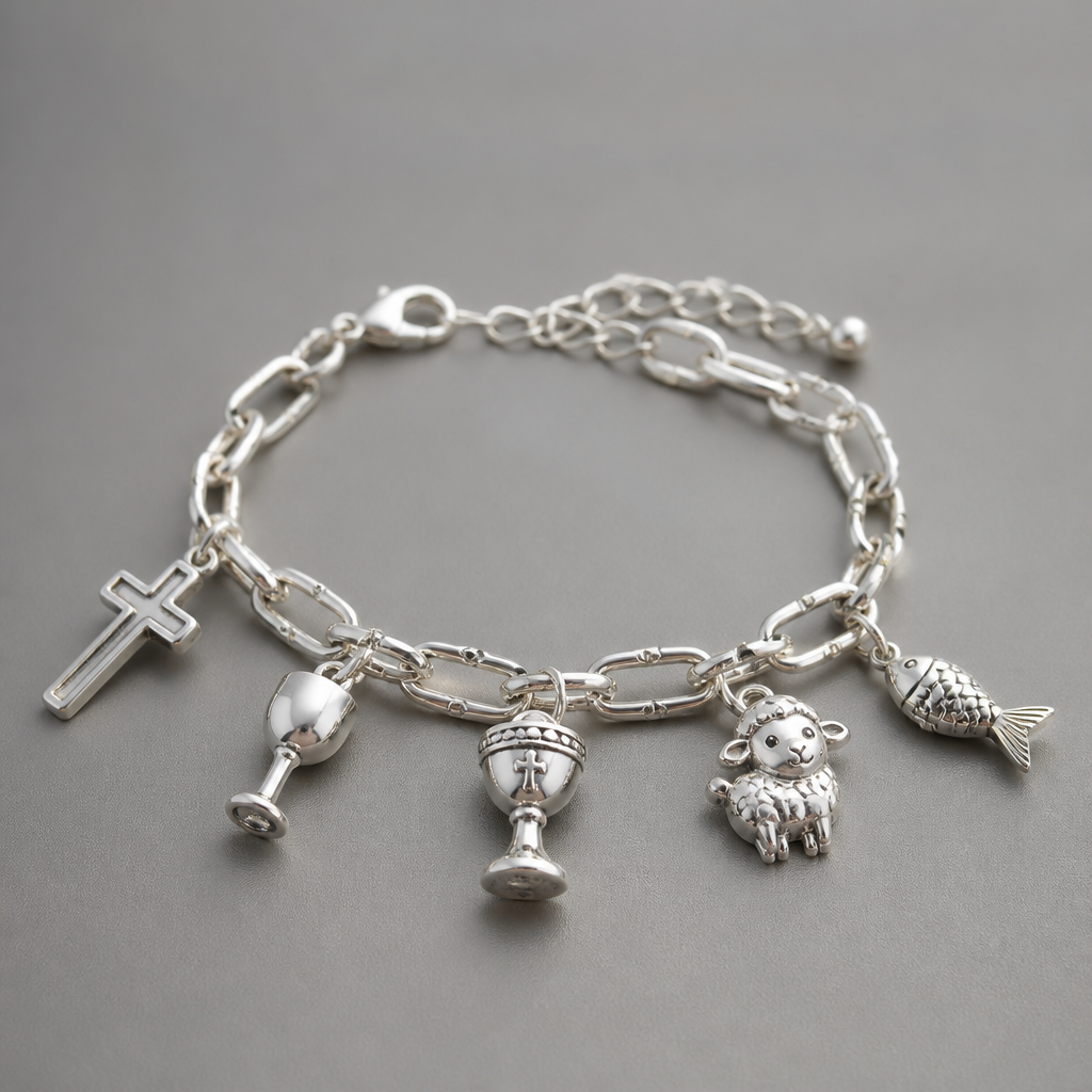 A modern women's bracelet made of silver suitable for daily wear, detailed and decorative, moderately ornate. uma mascote de prata com pingentes sobre cruz, taça de vinho, cálice,ovelinha,peixe, esses pingentes em 3d e fofos
photorealistic jewelry design, A modern women's bracelet made of silver suitable for daily wear, detailed and decorative, moderately ornate. uma mascote de prata com pingentes sobre cruz, taça de vinho, cálice,ovelinha,peixe, esses pingentes em 3d e fofos, modern style, just the design no text