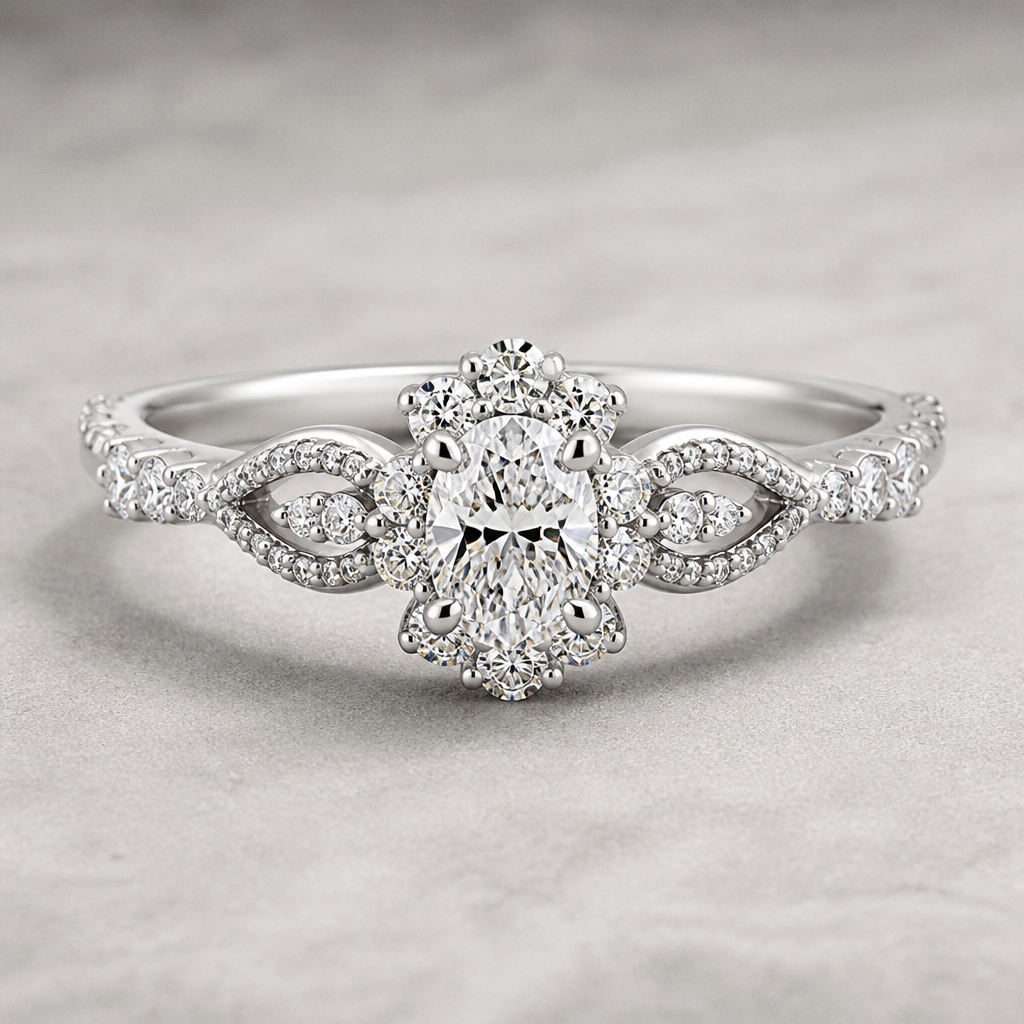 A contemporary women's ring made of white gold with diamond stones suitable for wedding, detailed and decorative, moderately ornate. A 0.70-carat oval diamond is used as the center stone.
photorealistic jewelry design, A contemporary women's ring made of white gold with diamond stones suitable for wedding, detailed and decorative, moderately ornate. A 0.70-carat oval diamond is used as the center stone., contemporary style, just the design no text