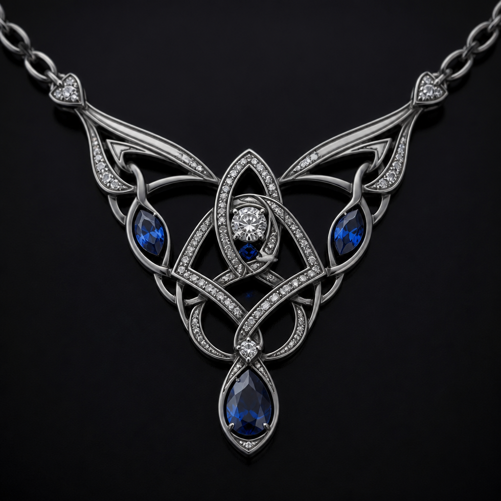 A celtic women's necklace made of titanium with diamond and sapphire stones. a Celtic knot