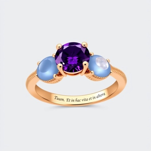 A simple, three stone 18 karat rose gold engagement ring set with a circular purple alexandrite. Also set with a small half moon cut blue chalcedony on one side right next to it, and a small half moon cut moonstone set on the other side right next to it. On the inside of the band, it has an inscription reading, “Tuum. Et in hac vita et in altera.”