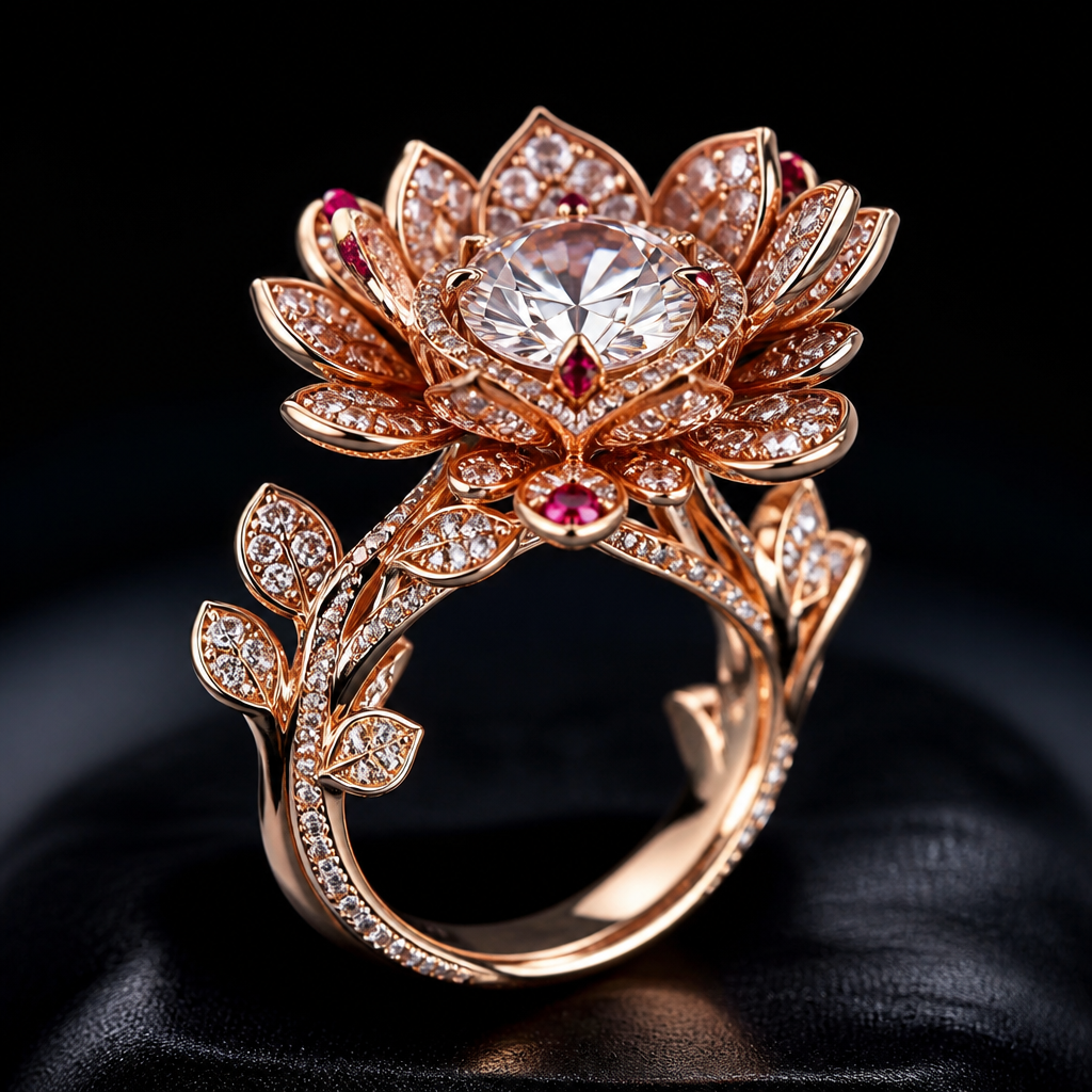 A royal women's brooch made of gold with diamond and ruby and emerald stones suitable for engagement. A beautiful rose gold ring for an engagement party Ina very style that has not been done before
photorealistic jewelry design, A royal women's brooch made of gold with diamond and ruby and emerald stones suitable for engagement. A beautiful rose gold ring for an engagement party Ina very style that has not been done before, royal style, just the design no text