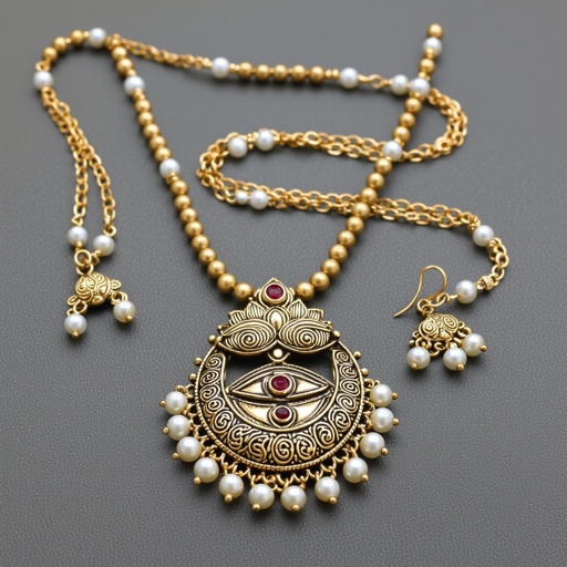 Кулон на длинной цепочке. Матовое светлое золото. В цепочке небольшие золотые шарики и жемчуг. Кулон в виде двух глаз над ними лотос с маленьким красным камнем внутри узоры завитушки 