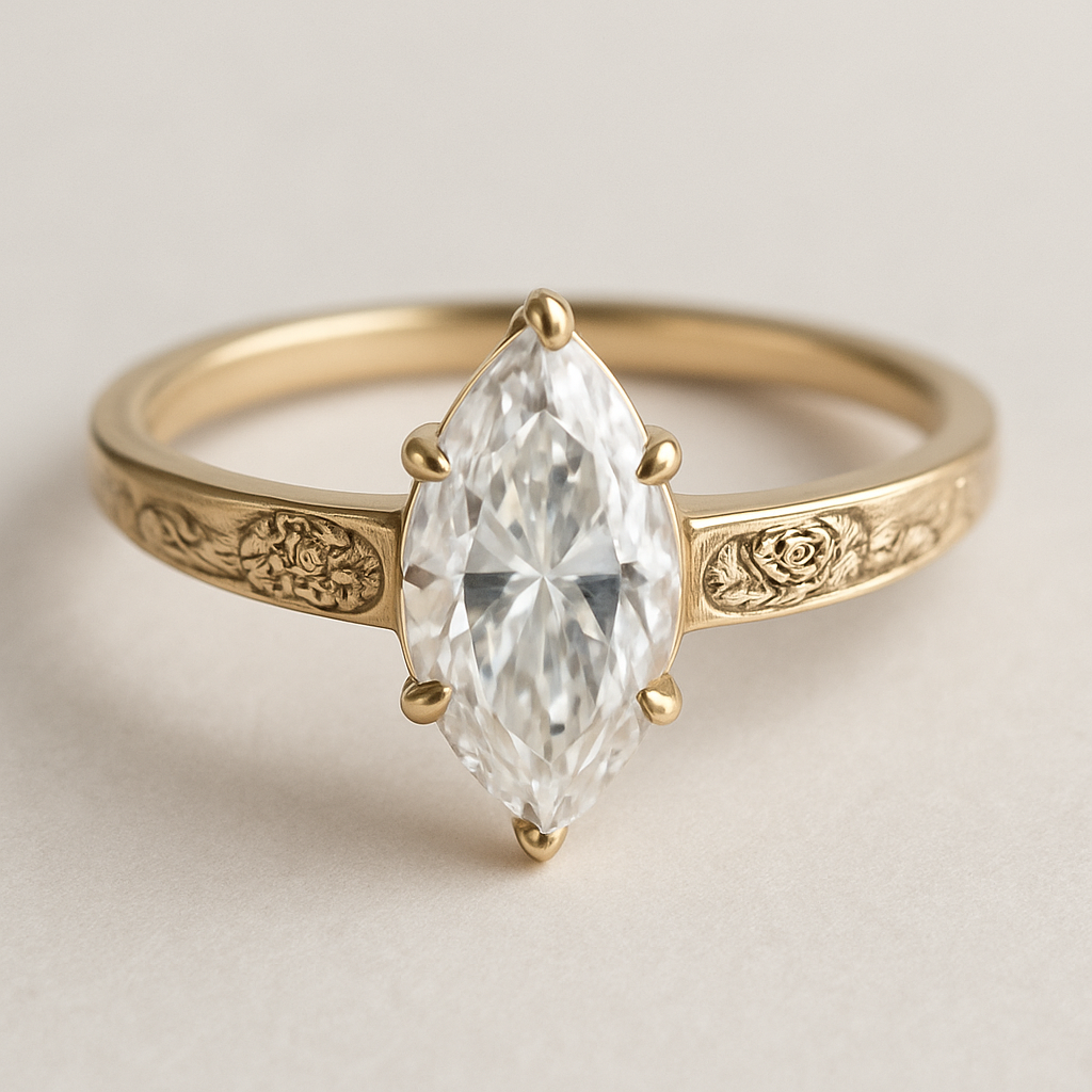 2ct marquise engagement ring with thin gold band that is even in width all the way around. cathedral setting. subtle vintage design on band that subtly includes one carnation and one rose 